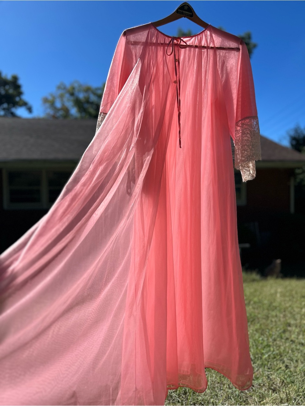 Vintage old Hollywood glamour coquette Van Raalte pink lace lined nylon Peignor